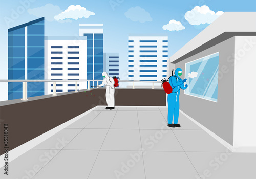 Illustration vector graphic of Disinfectant workers tries to clean the office at the outdoor rooftop, sterilization coronavirus or COVID-19.
