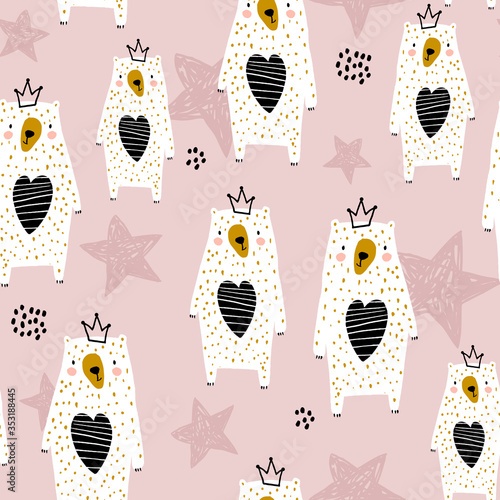 Seamless pattern with cute bear princess. Creative scandinavian childish texture. Great for fabric, textile Vector Illustration