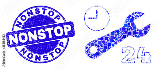 Geometric nonstop repair service mosaic pictogram and Nonstop seal stamp. Blue vector round textured seal stamp with Nonstop title. Abstract composition of nonstop repair service created of spheric, photo