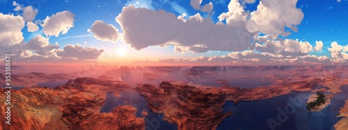  Panorama of canyons and gorges under the skies with clouds and the sun  3D rendering