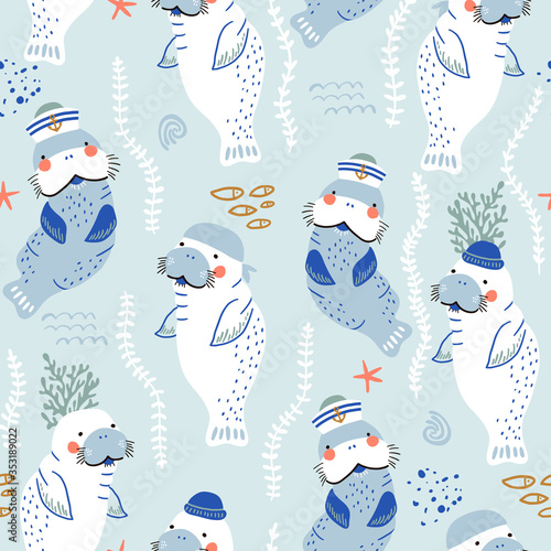Seamless childish pattern with cute manatees sailor caps and bandanas. Creative scandinavian style under see kids texture for fabric, wrapping, textile, wallpaper, apparel. Vector illustration