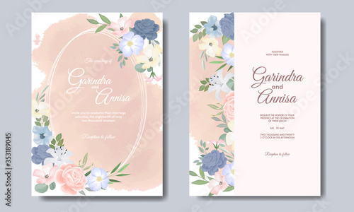 Elegant wedding invitations card template with colouful floral and leaves Premium Vector