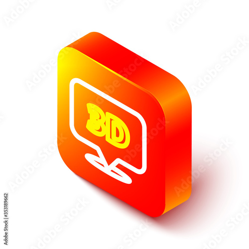 Isometric line Speech bubble with text 3D icon isolated on white background. Orange square button. Vector Illustration.