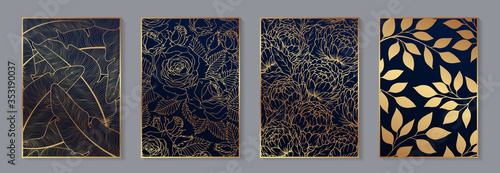 Set of modern luxury navy blue backgrounds for business or presentation or greeting cards with golden flowers, feathers and leaves.