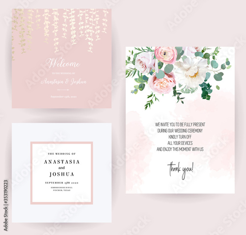 Elegant wedding cards with pink watercolor texture and spring flowers