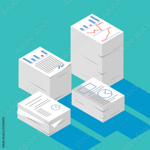 stacked paper,Heap of report,research,work,documents isometric flat 3d style