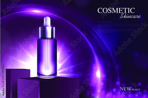 Hydrating facial skincar for annual sale or festival sale. silver purple serum mask bottle isolated on glitter particles background for product presentation. Graceful cosmetic ads, Vector illustration