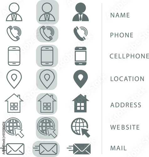 Icon set pack with black and white. Contact information icons for business cards and websites. vector editable. eps 10