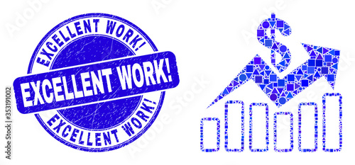 Geometric sales trend charts mosaic icon and Excellent Work! seal stamp. Blue vector round textured seal stamp with Excellent Work! message. Abstract mosaic of sales trend charts made of spheric,