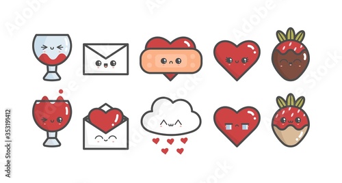 St Valentine's day theme. Cute Kawaii romantic objects. Love, hearts, wine. Japanese cartoon manga style. Funny anime characters with faces. Trendy Vector illustration. Isolated on white background