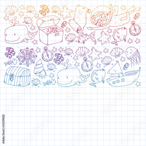 Vector set with underwater diving icons and pirate elements. Treasure chest, ship, octopus, diver. Little boys and kingergarten preschool girls summer vacation and adnventure