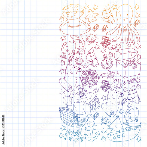 Vector set with underwater diving icons and pirate elements. Treasure chest, ship, octopus, diver. Little boys and kingergarten preschool girls summer vacation and adnventure