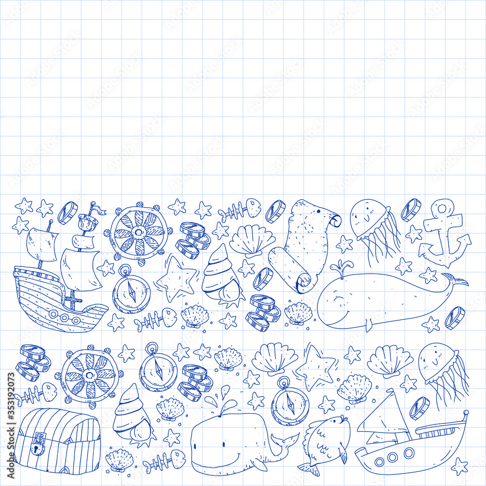 Vector set with underwater diving icons and pirate elements. Treasure chest, ship, octopus, diver. Little boys and kingergarten preschool girls summer vacation and adnventure Vector set with underwater diving icons and pirate elements. Treasure chest, ship, octopus, diver. Little boys and kingergarten preschool girls summer vacation and adnventure