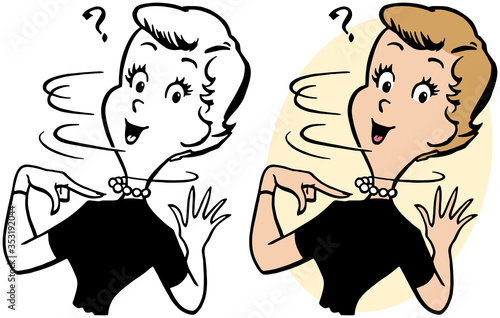 A cartoon of a woman with a surprised expression pointing at herself. 