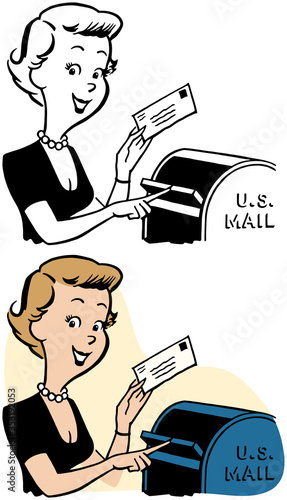A cartoon of a woman dropping a stamped letter into a mailbox. 