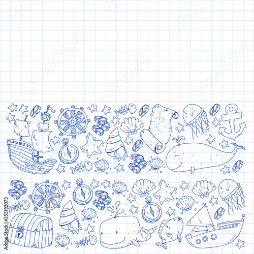 Vector set with underwater diving icons and pirate elements. Treasure chest, ship, octopus, diver. Little boys and kingergarten preschool girls summer vacation and adnventure