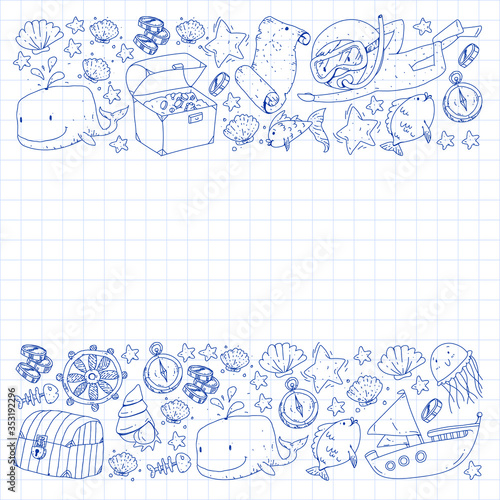 Vector set with underwater diving icons and pirate elements. Treasure chest, ship, octopus, diver. Little boys and kingergarten preschool girls summer vacation and adnventure