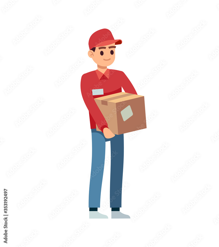 Delivery man with box. Young courier in hat and uniform standing, service vector cartoon character Delivery man with box. Young courier in hat and uniform standing, service vector cartoon character