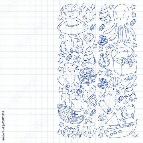 Vector set with underwater diving icons and pirate elements. Treasure chest, ship, octopus, diver. Little boys and kingergarten preschool girls summer vacation and adnventure