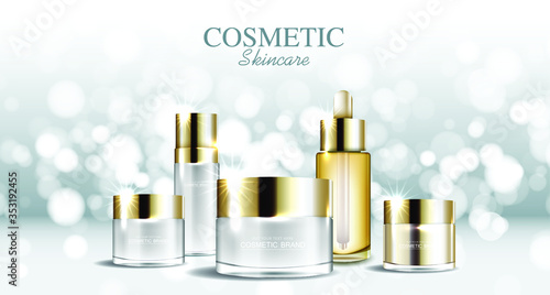 Hydrating facial skincare for annual sale or festival sale. gold cream mask bottle isolated on glitter particles background for product presentation. Graceful cosmetic ads, Vector illustration