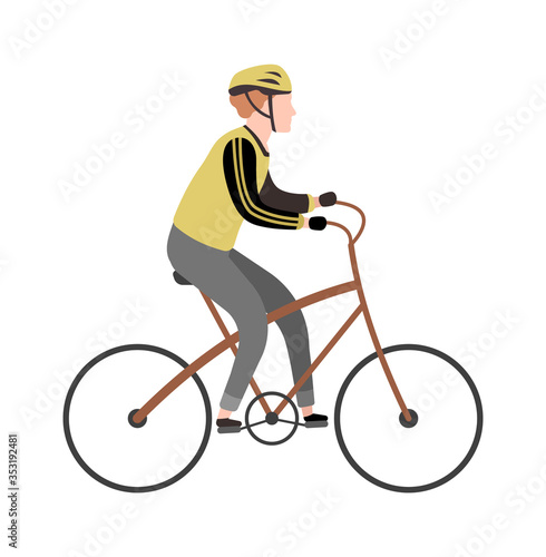 Cyclist cartoon character. Happy man riding bicycle in special clothes, outdoor leisure activity vector concept