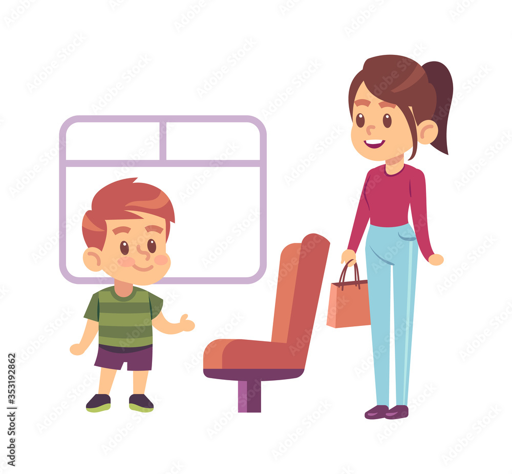 Kids good manners. Courteous boy gives way on transport seat for woman vector concept