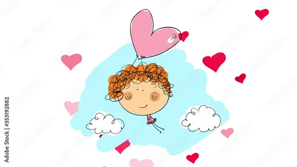 curly haired girl floating up through the blue cloudy sky held to a shiny heart balloon with tiny red hearts fading behind suggesting it is valentines day curly haired girl floating up through the blue cloudy sky held to a shiny heart balloon with tiny red hearts fading behind suggesting it is valentines day