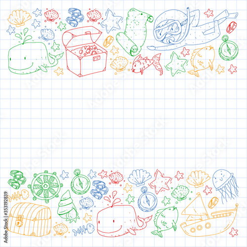 Vector set with underwater diving icons and pirate elements. Treasure chest, ship, octopus, diver. Little boys and kingergarten preschool girls summer vacation and adnventure