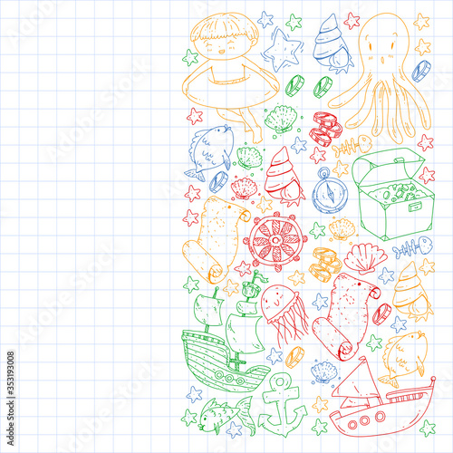 Vector set with underwater diving icons and pirate elements. Treasure chest, ship, octopus, diver. Little boys and kingergarten preschool girls summer vacation and adnventure