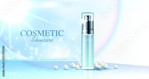 Hydrating facial pearl cream for annual sale or festival sale. blue cream mask bottle isolated on glitter particles background for product presentation. Graceful cosmetic ads, Vector illustration