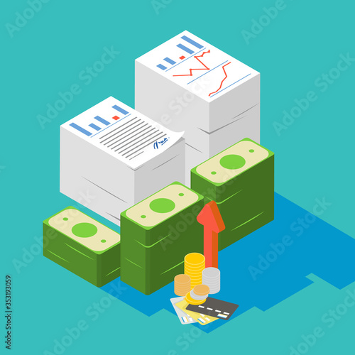 Two stacked paper,Heap of report,research,work,documents with money credit cards and coin, isometric flat 3d style