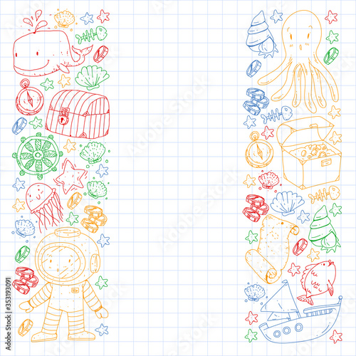 Vector set with underwater diving icons and pirate elements. Treasure chest, ship, octopus, diver. Little boys and kingergarten preschool girls summer vacation and adnventure