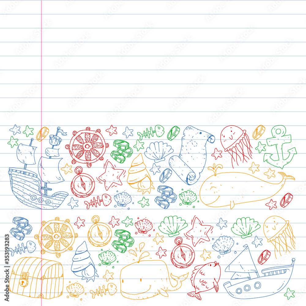Fototapeta premium Vector set with underwater diving icons and pirate elements. Treasure chest, ship, octopus, diver. Little boys and kingergarten preschool girls summer vacation and adnventure