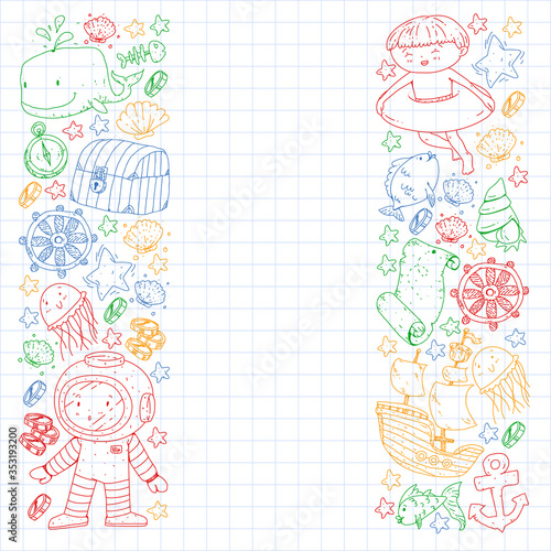 Vector set with underwater diving icons and pirate elements. Treasure chest, ship, octopus, diver. Little boys and kingergarten preschool girls summer vacation and adnventure