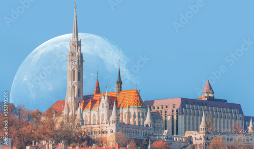 Matthias Church and Fisherman Bastion with full moon - Budapest, Hungary "Elements of this image furnished by NASA"