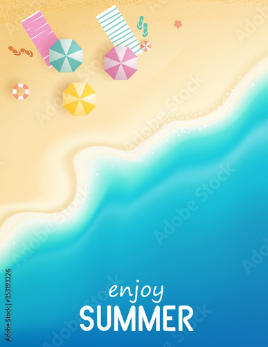 Top view summer with water play equipment placed on the beach. beach background with swim ring, sandals, umbrellas, balls, starfish and sea. vector illustration.