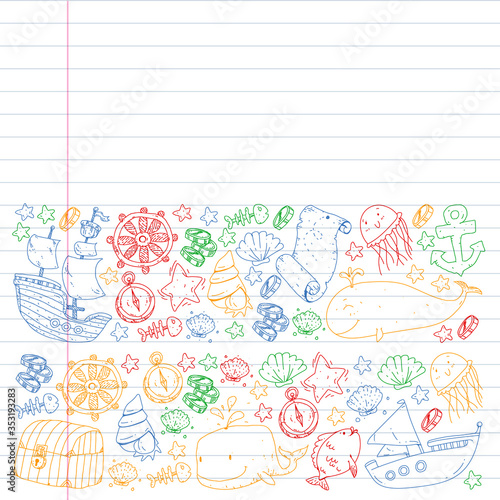 Vector set with underwater diving icons and pirate elements. Treasure chest, ship, octopus, diver. Little boys and kingergarten preschool girls summer vacation and adnventure