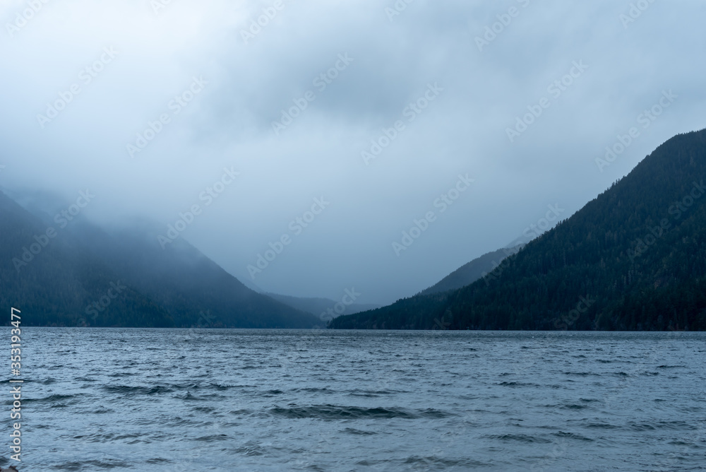 Lake Crescent, fog and mountains in Olympic National Park