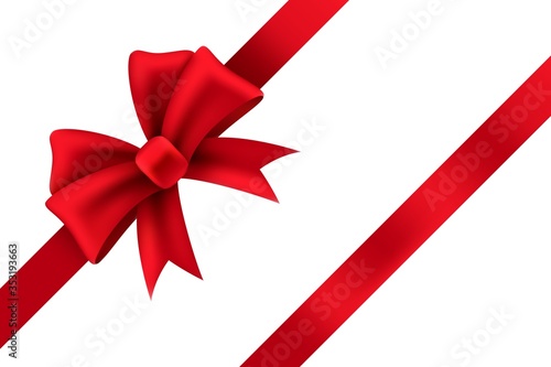 Red satin gift bow. Package of holiday present vector ribbon decoration
