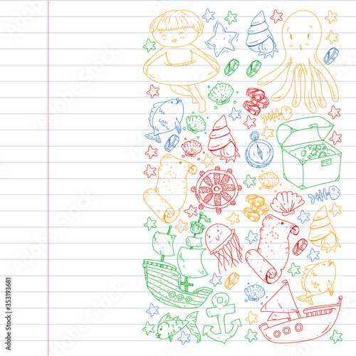 Vector set with underwater diving icons and pirate elements. Treasure chest, ship, octopus, diver. Little boys and kingergarten preschool girls summer vacation and adnventure