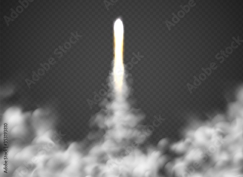 Space fly rocket. Shuttle or spaceship takeoff track in dark sky, vector startup concept