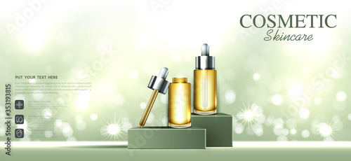 Hydrating facial serum for annual sale or festival sale. silver and gold serum mask bottle isolated on glitter particles background for product presentation. Graceful cosmetic ads, Vector illustration