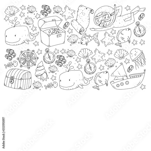Vector set with underwater diving icons and pirate elements. Treasure chest, ship, octopus, diver. Little boys and kingergarten preschool girls summer vacation and adnventure