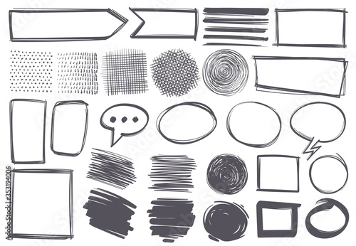 Doodle shapes. Pencil sketch textures and arrows, speech bubbles, borders and marks. Strokes and frames and symbols, hand drawn vector set