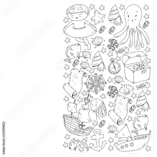 Vector set with underwater diving icons and pirate elements. Treasure chest, ship, octopus, diver. Little boys and kingergarten preschool girls summer vacation and adnventure
