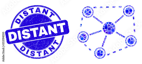 Geometric links mosaic icon and Distant seal. Blue vector round distress seal stamp with Distant title. Abstract composition of links designed of round, triangles, square geometric items.