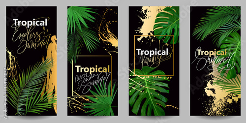 Stylish wallpapers for smartphone with tropical leaves and golden splashes on black background