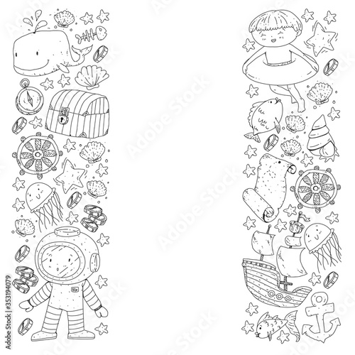 Vector set with underwater diving icons and pirate elements. Treasure chest, ship, octopus, diver. Little boys and kingergarten preschool girls summer vacation and adnventure