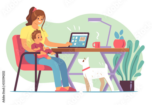 Mother freelancer. Young mother raising child and working home on laptop in distant office, remote work self employed flat vector concept