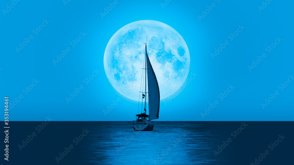 Lone yacht with super blue full moon "Elements of this image furnished by NASA " - obrazy, fototapety, plakaty 